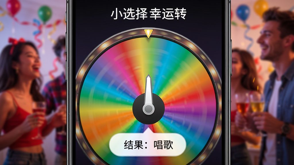 手机屏幕显示“小选择幸运转”转盘高速旋转的瞬间,扇区颜色因运动模糊形成彩色光晕,中央指针清晰可见,屏幕下方弹出“结果:唱歌”的提示气泡,背景是聚会场景的虚化人影,风格活泼动感,画质清晰,画面干净