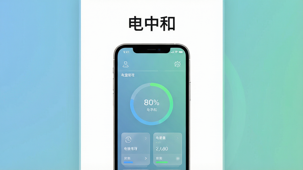 主体为一部智能手机置于画面中央,屏幕显示电量管理界面与环形电量图表,布局采用居中构图,上方留白放置标题文字
