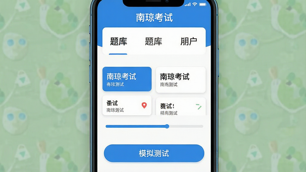 手机屏幕中央显示“南琼考试”应用界面,上方为题库分类列表,下方为模拟测试按钮,整体布局清晰,采用蓝白配色,扁平化设计风格,细节包含题目卡片与进度条,画质高清,画面干净,无多余元素