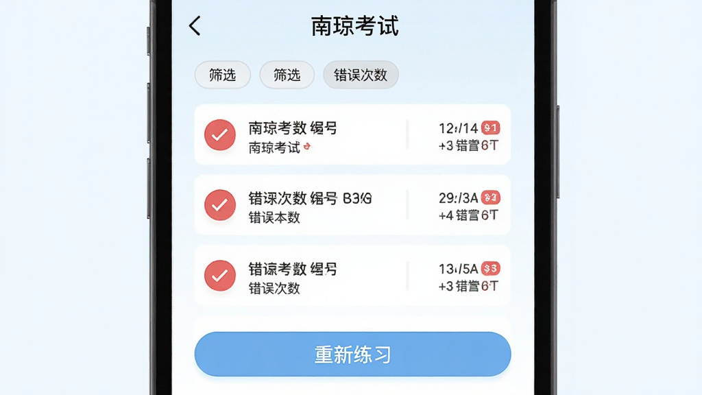 “南琼考试”错题本页面展示,屏幕中央为错题列表与红色标记图标,上方显示筛选标签,下方为重新练习按钮,布局居中对齐,风格清新浅色,细节包含题目编号与错误次数统计,画质高清,画面干净,无多余元素