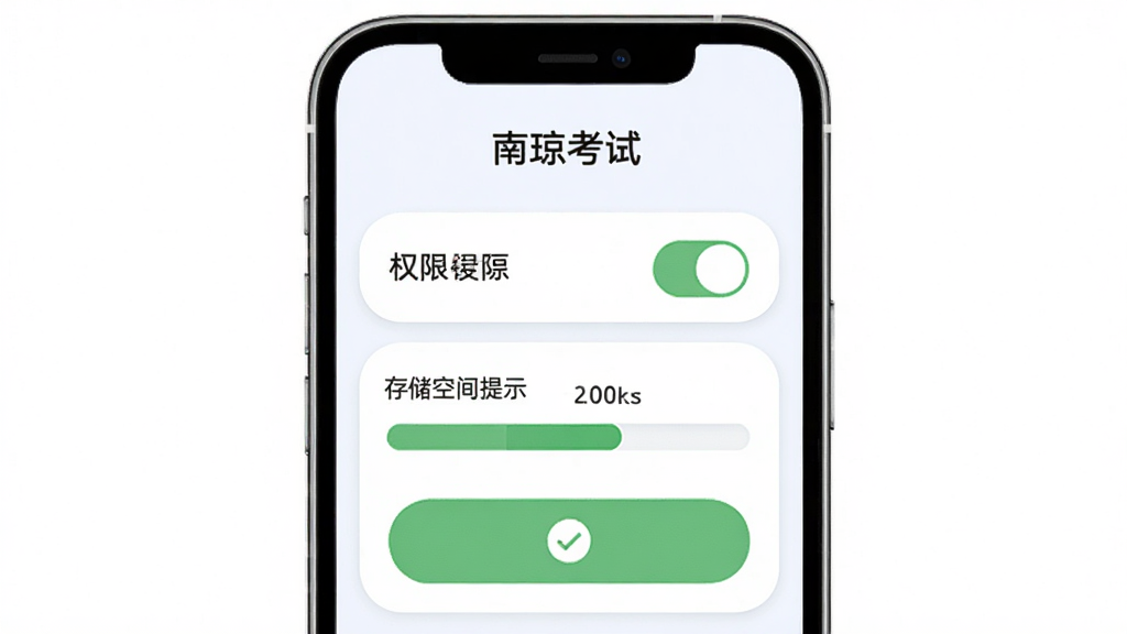 “南琼考试”安装设置界面示意图,手机屏幕显示权限开关与存储空间提示,布局上下排列,风格柔和圆角,细节包含绿色确认按钮与存储容量条,画质清晰,画面干净,无多余元素