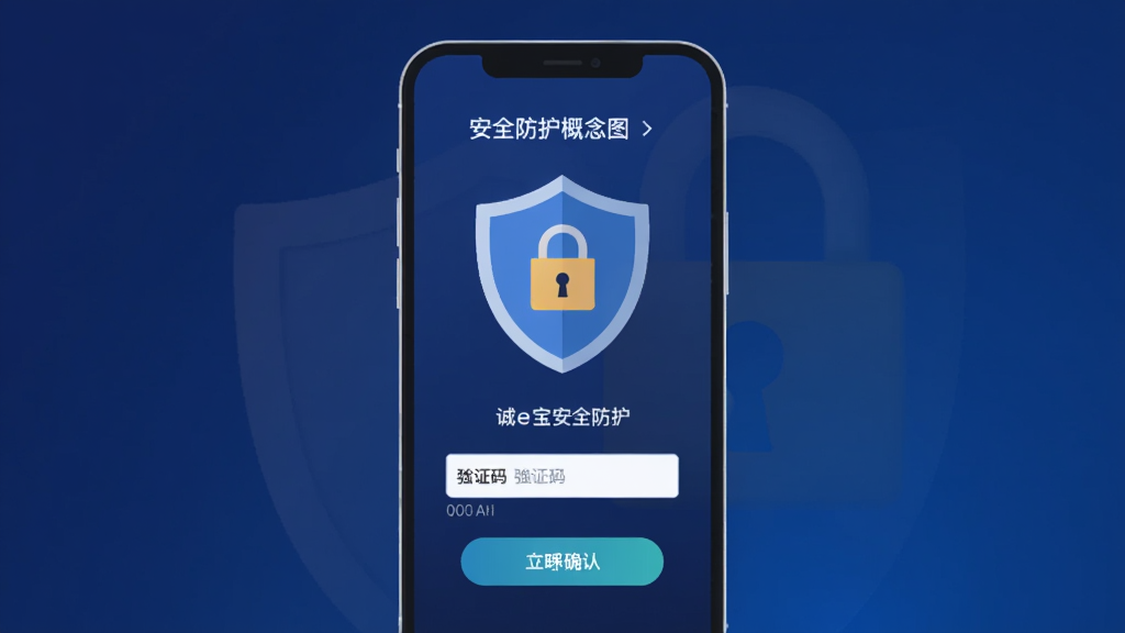 诚e宝安全防护概念图,手机屏幕显示盾牌图标与锁形图案组合,界面中有验证码输入框与确认按钮元素,背景为深蓝渐变色调,体现安全与信任感,扁平插画风格,画面干净整洁,高清画质