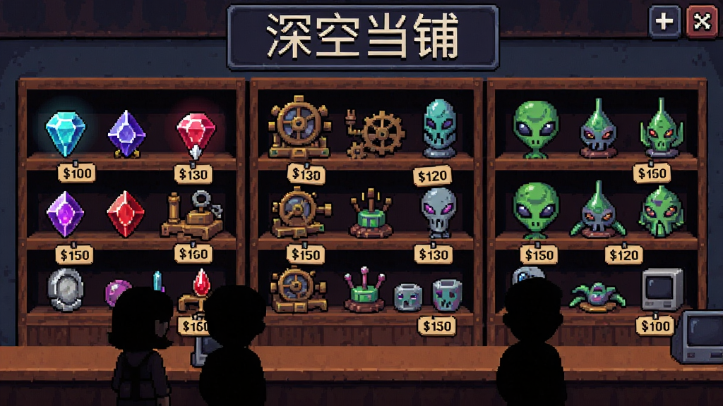 深空当铺:可能是偷的PC电脑版经营界面展示,画面主体为当铺内部货架,上面摆满各种奇异物品,有发光宝石、古老机械、外星文物,布局整齐,风格像素复古,细节包含价格标签与顾客剪影,画质清晰,干净,无多余元素
