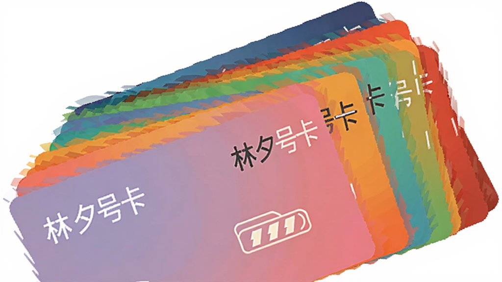 主体为多个不同颜色的号卡卡片呈扇形展开,卡片上带有“林夕号卡”字样与流量图标;布局为卡片从左下向右上依次叠放,形成层次感;排版以卡片为主体占据画面中央,背景大面积留白;风格为扁平化矢量插画,配色明快;细节上每张卡片边缘有细微高光,图标采用线性风格;画质干净清晰,无杂乱背景元素