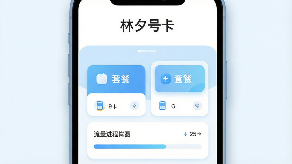 主体为一部竖屏智能手机居中放置,屏幕内展示简洁的号卡办理应用界面,包含套餐卡片列表与流量进度条;布局为上下分区,上方留白放置应用名称文字“林夕号卡”,下方为手机与界面细节;排版采用居中对称构图,视觉重心稳定;风格为清爽的扁平化UI插画,浅蓝与白色为主色调;细节上手机边缘带有柔和阴影,界面元素圆角处理,图标线条简洁;画质清晰干净,无多余装饰元素