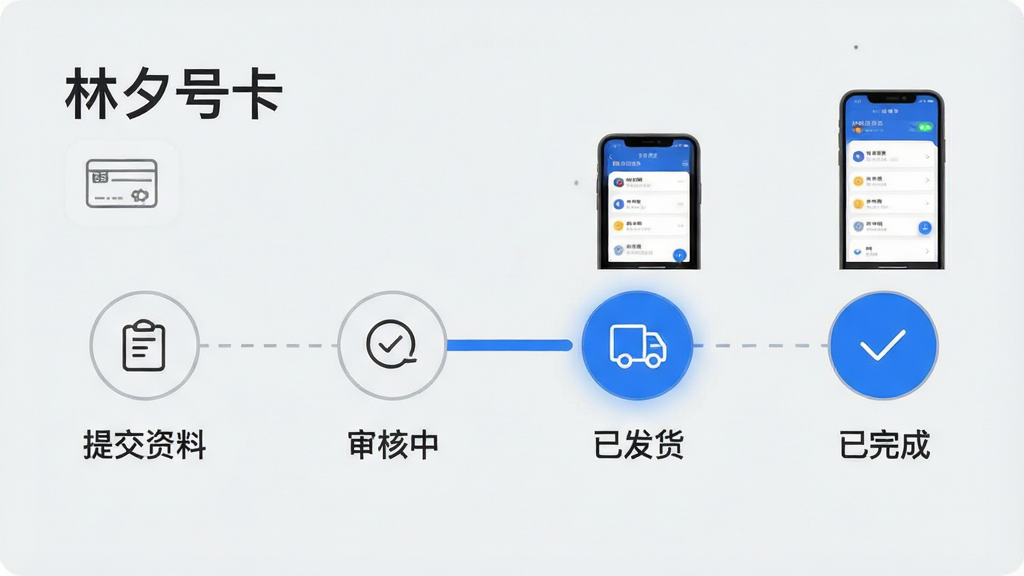 主体为一条横向的进度流程条,包含“提交资料”“审核中”“已发货”“已完成”四个节点,当前节点高亮显示,旁边配有手机界面小图;布局为流程条横贯画面中部,上方放置“林夕号卡”文字标识;排版左对齐,节奏清晰;风格为简约信息图风格,浅灰底色搭配蓝色高亮;细节上节点之间用虚线连接,图标为圆形线性图标;画质干净利落,无多余元素