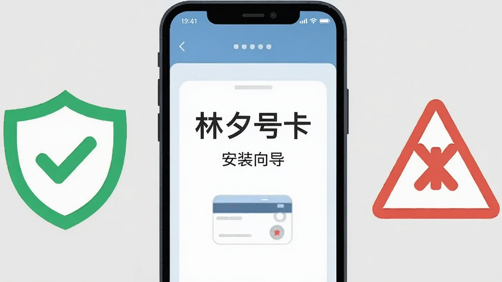 主体为一部手机屏幕显示“林夕号卡”安装向导界面,旁边配有一个带对勾的盾牌图标与一个带叉号的警示图标;布局为手机居中,盾牌与警示图标分列左右;排版对称平衡,背景为浅灰色;风格为扁平化安全提示插画;细节上盾牌为绿色描边,警示图标为红色描边,手机界面元素简洁;画质干净清晰,无多余装饰