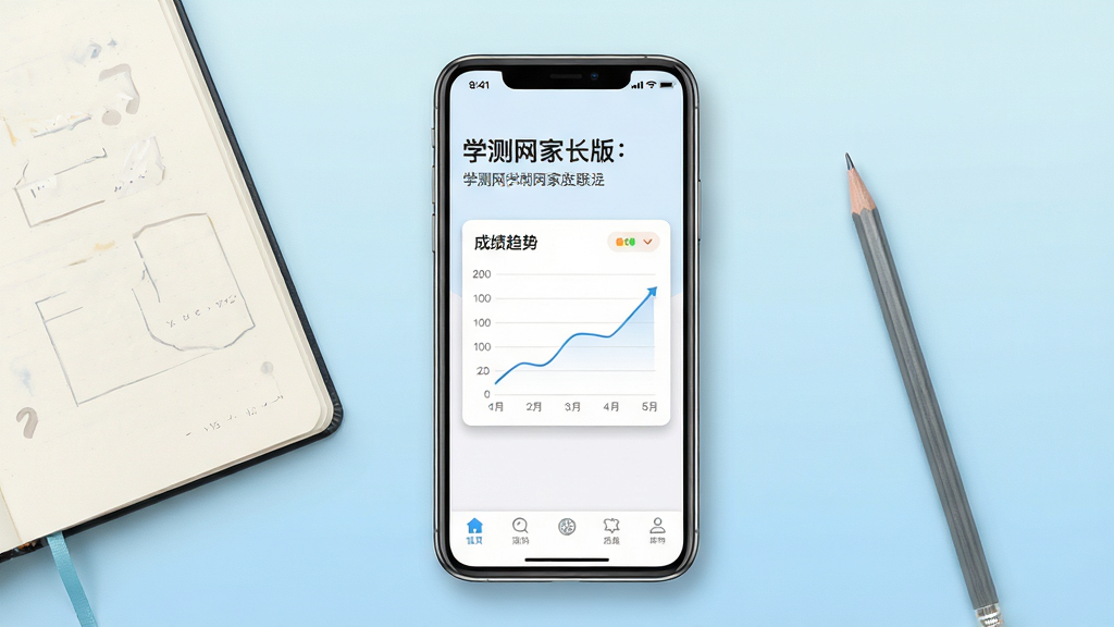 画面主体为一款智能手机,屏幕中央显示学测网家长版应用主界面,界面布局包含顶部问候语、中间成绩趋势折线图卡片和底部导航栏;手机两侧分别放置一本打开的笔记本和一支铅笔,背景为浅蓝色渐变桌面;整体排版居中对称,风格清新简约;细节上手机屏幕内文字清晰可辨,折线图呈现上升趋势,卡片边缘带有轻微阴影;画质高清,画面干净,无多余装饰元素。