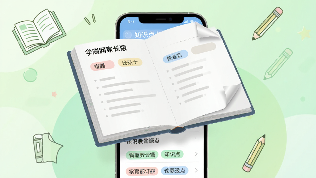 画面主体为一本翻开的电子错题本悬浮在手机屏幕上方,错题本页面显示“学测网家长版”字样和分类标签;手机屏幕内展示错题列表与知识点标签;背景为浅绿色渐变,周围点缀少量书本和铅笔简笔画元素;风格为教育类扁平插画;细节上错题本页面有折角效果,标签色彩柔和;画质高清,画面干净,无杂乱元素。