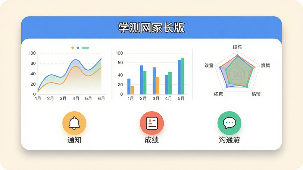 画面主体为一张横向展开的信息卡片,卡片标题为“学测网家长版”,卡片内分栏展示折线图、柱状图和雷达图三种数据可视化图表;卡片下方排列三个圆形图标分别代表通知、成绩和沟通功能;背景为柔和的米白色,卡片带有圆角与浅灰色投影;风格为扁平化商务插画;细节上图表线条流畅、色彩分明,图标线条简洁;画质清晰,画面干净,无多余文字与装饰。