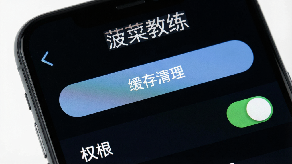 画面为手机屏幕特写,屏幕显示应用设置界面,界面中包含缓存清理按钮与权限开关选项,屏幕上方标注“菠菜教练”字样,背景为纯白色,整体风格简洁明快,细节清晰可见,画质干净高清,无多余元素