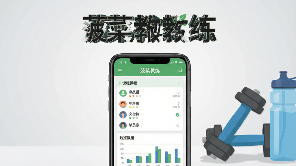 画面中央放置一部智能手机,屏幕显示健身管理应用界面,界面中包含课程表、学员列表与数据图表等模块,手机上方用大号文字标注“菠菜教练”,背景为浅灰色渐变,画面右侧摆放哑铃与运动水壶等健身器材,整体采用干净简约的扁平化设计风格,细节清晰,画质高清,无多余装饰元素