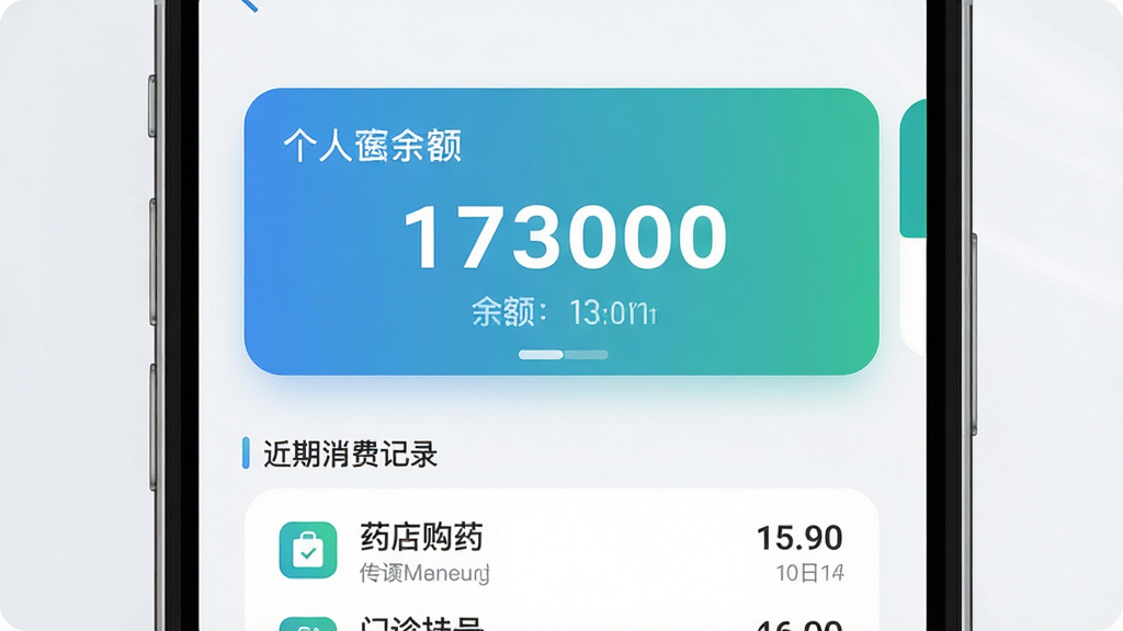 医保社保个人管家医保余额展示页面,手机屏幕中央显示大号数字余额卡片,卡片下方为近期消费记录列表,包含药店购药与门诊挂号条目,界面风格清爽,蓝绿配色,圆角卡片设计,背景为浅灰白色,高清画质,排版简洁
