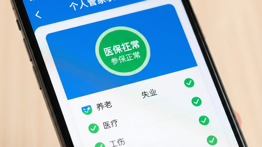 医保社保个人管家参保状态查询页面展示,手机屏幕特写,页面中央显示绿色参保正常标识,下方列出养老、医疗、失业、工伤、生育五项险种状态列表,每项配有对勾图标,界面采用卡片式布局,蓝白主色调,背景为柔和浅色,画面清晰,高清画质,干净无杂乱元素