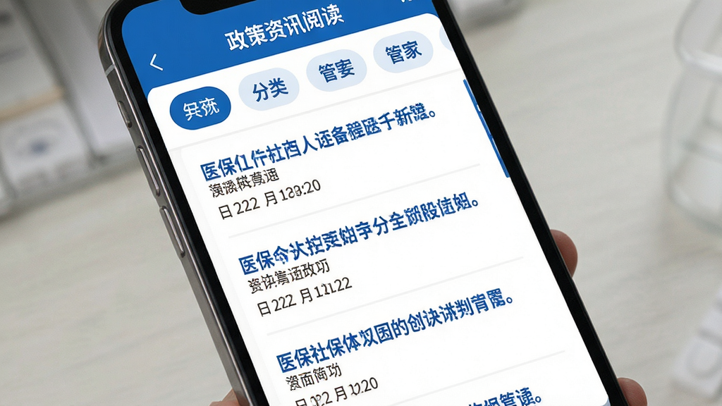 医保社保个人管家的政策资讯阅读页面,手机屏幕显示资讯列表,每条资讯配有标题与发布日期,顶部有分类标签栏,界面采用白底蓝字风格,列表间距宽松,阅读体验舒适,高清画质,画面干净整洁