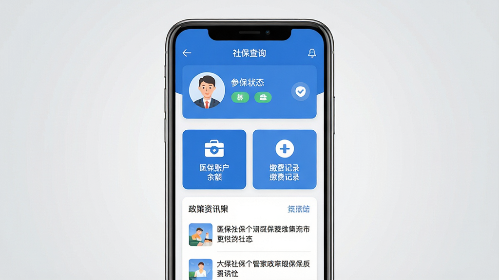 医保社保个人管家应用主界面展示,手机屏幕居中摆放,屏幕内显示社保查询首页布局,上方为个人头像与参保状态卡片,中部为医保账户余额与缴费记录入口图标,下方为政策资讯列表,整体采用蓝白配色,扁平化设计风格,背景为浅灰色渐变,画面干净整洁,高清画质,无多余装饰元素