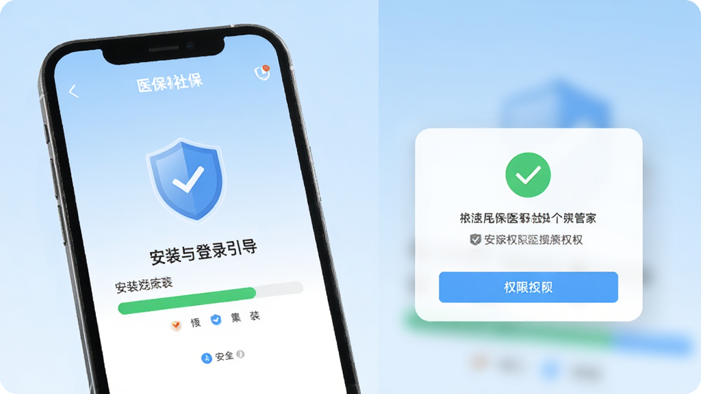 医保社保个人管家安装与登录引导界面,手机屏幕显示安装进度条与权限授权弹窗,画面中包含盾牌安全图标与对勾标识,背景为浅蓝色渐变,设计风格简洁明快,突出安全安装主题,高清画质,干净无多余元素