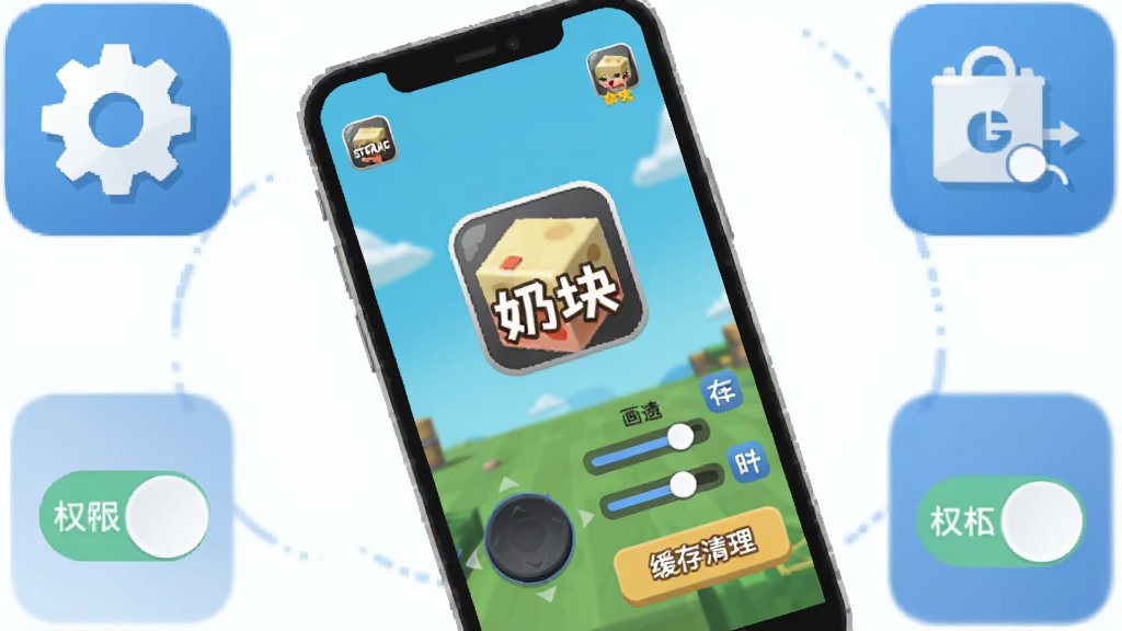 画面展示一部智能手机屏幕中显示“奶块”游戏界面,布局上手机位于画面中央略微倾斜,周围有设置齿轮、存储空间图标和权限开关示意元素,排版为教程说明风格,风格为扁平化科技插画,细节包含虚拟摇杆、画质调节滑块和缓存清理按钮,画质干净清晰,画面中带有“奶块”字样的图标,无多余元素