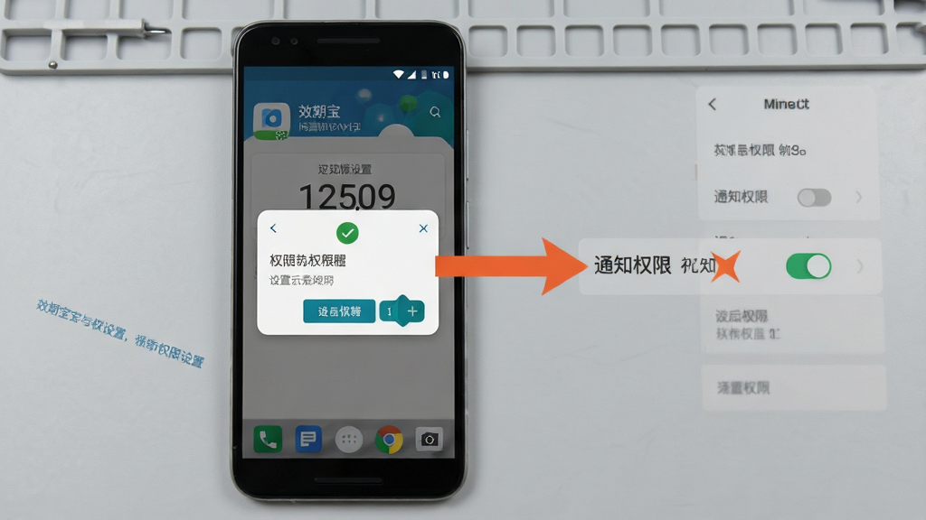 效期宝安装与权限设置示意图,画面中一部安卓手机屏幕显示应用安装界面和权限请求弹窗,旁边有箭头指向设置菜单中的通知权限开关,背景为浅灰色工作台面,整体风格教程示意风,布局清晰有序,细节明确,画质干净,无多余元素