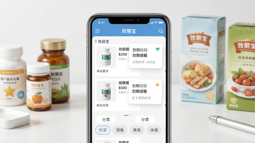效期宝软件主界面展示图,画面中央是一部智能手机,屏幕上显示效期宝应用的主页,页面中有商品列表、到期提醒卡片和分类标签,背景是整洁的桌面环境,旁边摆放着几瓶药品和食品包装盒,整体风格清新明亮,布局居中对称,细节清晰,画质干净,无多余元素