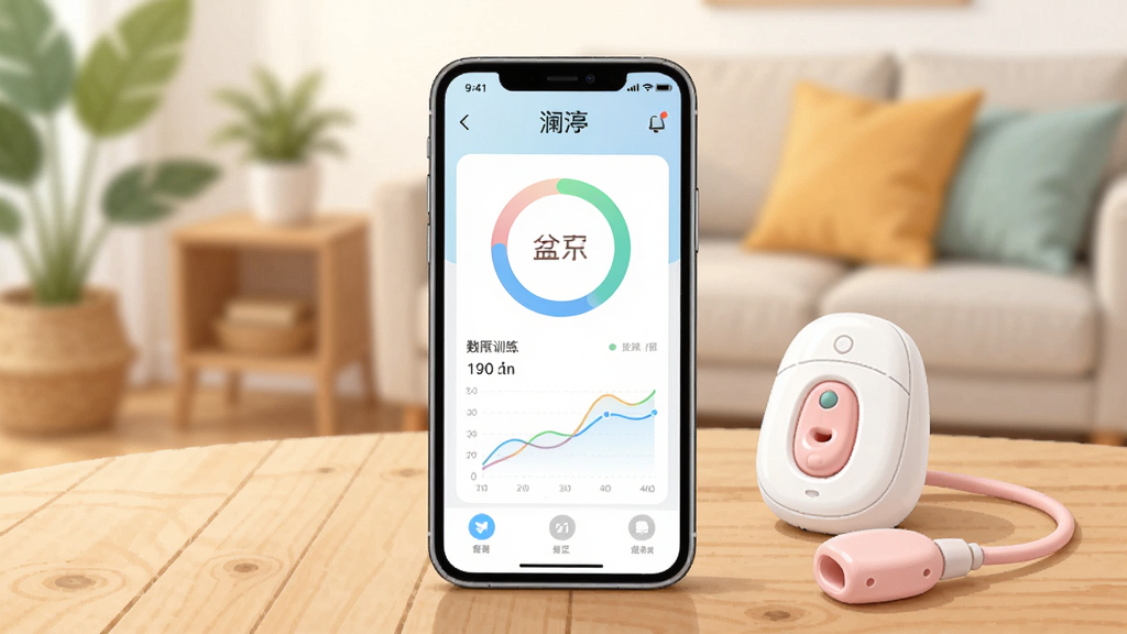 画面主体为一款智能手机,屏幕中央显示“澜”应用主界面,界面包含盆底肌训练进度环与数据曲线;手机平放在浅色木质桌面,旁边摆放一台白色小型盆底肌修复仪与一条淡粉色训练探头;背景为柔和虚化的居家客厅,散落绿植与暖色抱枕;整体采用清新浅色系插画风格,构图居中对称,细节干净利落,画质清晰,无多余文字与杂乱元素
