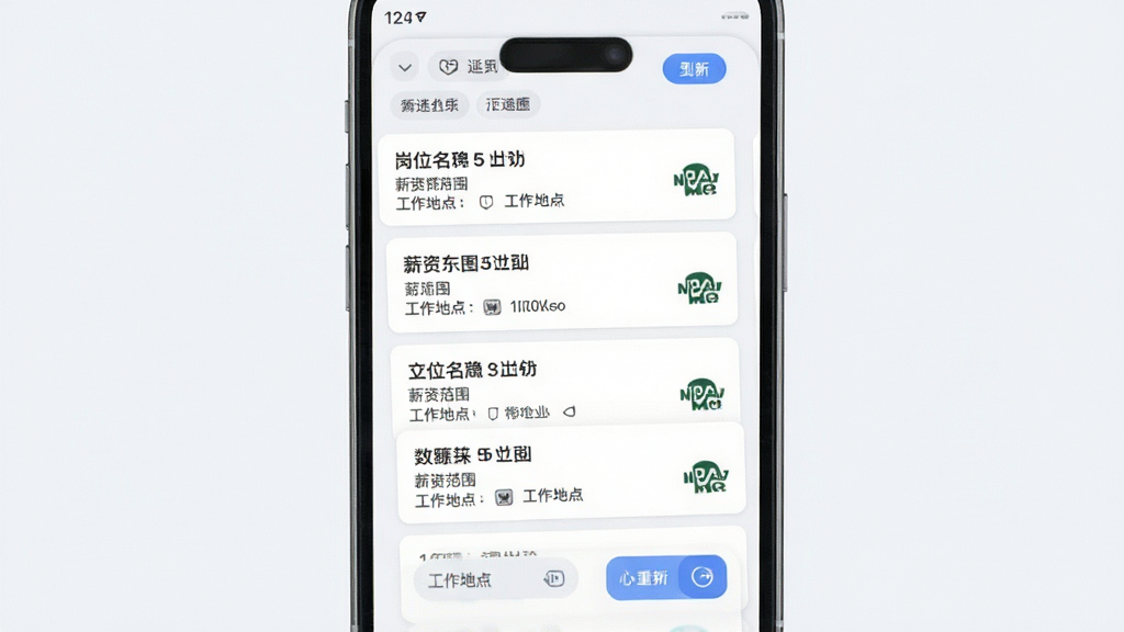 招聘信息列表页面展示,画面主体为手机界面中的岗位卡片列表,每张卡片包含岗位名称、薪资范围、工作地点与企业标识,布局为纵向排列,排版整齐,风格为清爽浅色系UI,细节包含筛选标签与刷新按钮,画质清晰,画面干净,无多余元素