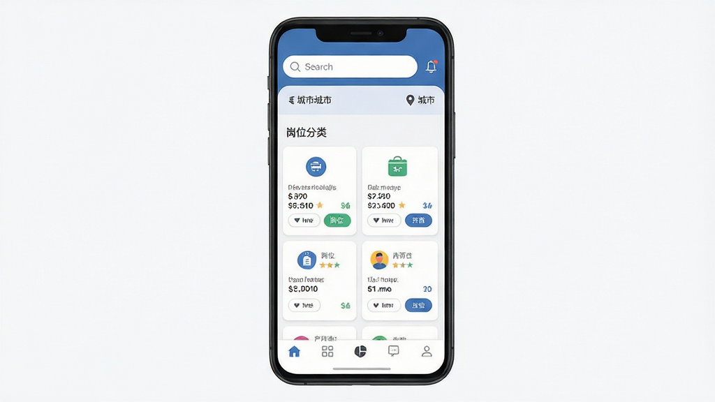 手机屏幕中展示人力资源招聘平台首页界面,页面顶部有搜索框与城市定位,中部为岗位分类卡片列表,底部为导航栏,整体布局简洁清晰,主体为手机与界面展示,排版居中,风格为现代扁平化UI设计,细节包含岗位卡片、图标、按钮等元素,画质高清,画面干净,无多余装饰元素