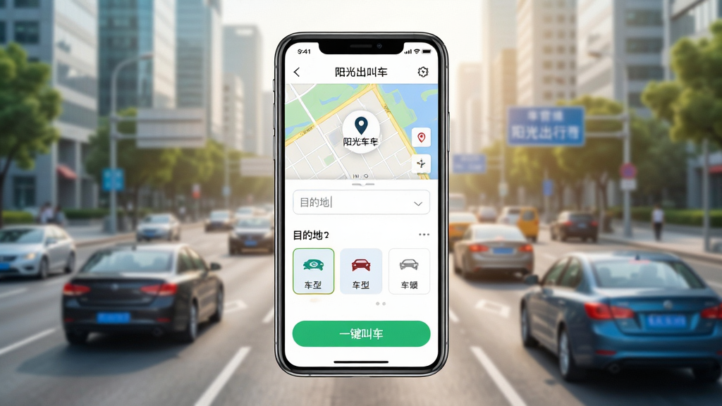 �������APP�ٷ�������չʾ����������Ϊ�ֻ���Ļ����Ļ�ڳ�����Լ���г���ҳ��������ͼ��λ��Ŀ�ĵ�����򡢳���ѡ��Ƭ��һ���г���ť������Ϊ���е�·����ʻ��������������ˬ���������־��жԳƣ�ϸ�����������ʸɾ����޶���Ԫ��