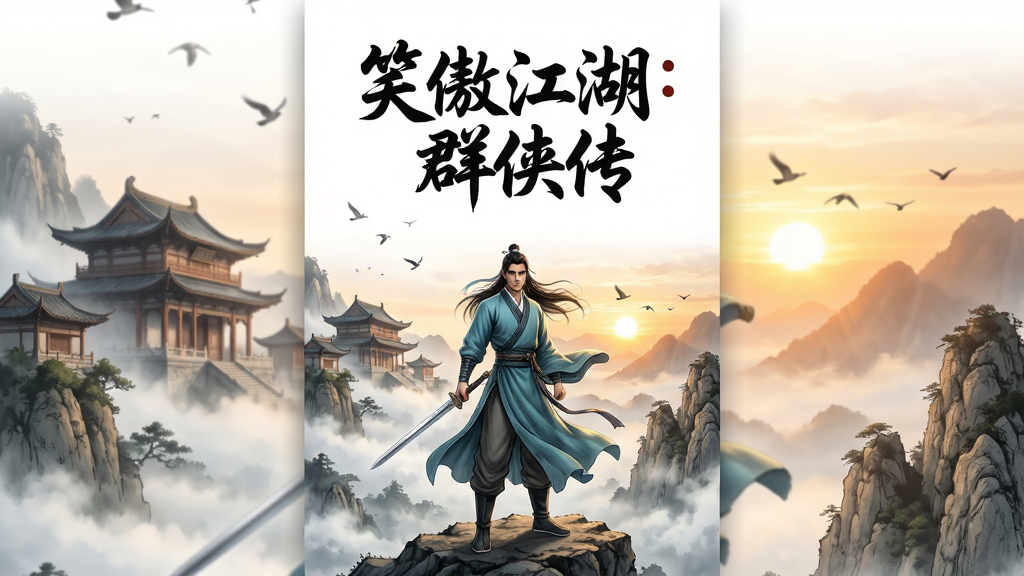 主体为一位身着青衫的武侠剑客立于山巅,背景是云雾缭绕的古典中式建筑群与落日余晖;布局采用中心对称构图,人物居中偏下,上方留白呈现游戏标题“笑傲江湖:群侠传”;排版为竖版海报风格,标题位于顶部居中;风格为国风写实武侠,水墨晕染与工笔细节结合;细节包括剑客衣袂飘动、远处飞鸟掠过、山石纹理清晰;画质为高清4K,干净无多余元素