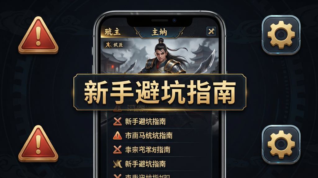 主体为手机屏幕特写,屏幕中显示武侠游戏主界面与“新手避坑指南”文字浮层;布局为手机居中,周围环绕警示图标与齿轮设置图标;排版为信息图风格,文字以列表形式排列;风格为科技感与国风结合,深色背景配金色文字;细节包括手机边框反光、图标立体感;画质高清,干净无多余元素