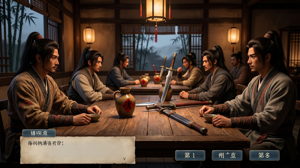 主体为古风客栈内景,多位武侠人物围坐桌前,桌上摆放酒壶与兵器;布局为室内场景纵深构图,人物分列两侧;排版为剧情对话界面风格,底部有对话框与选项按钮;风格为国风写实渲染,暖色调灯光;细节包括人物服饰纹理、桌面木纹、窗外竹林剪影;画质高清,干净无多余元素