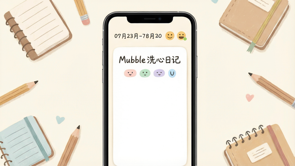 一张手机屏幕展示Mubble洗心日记应用主界面,画面中央是简洁的日记书写页面,顶部有日期与心情表情图标,背景为柔和米白色,周围散落几本小日记本与铅笔插画,整体布局居中对称,风格清新治愈,细节包括手写字体标题“Mubble洗心日记”和淡彩色心情标签,画质清晰干净,无多余元素