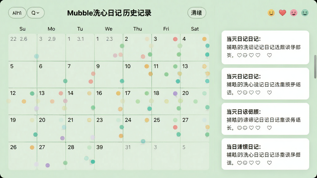 一张日历样式界面截图,展示Mubble洗心日记的历史记录页面,日历格子中部分日期带有彩色小圆点标记,右侧列出当天日记摘要卡片,背景为淡绿色,整体排版左日历右列表,风格清爽简约,细节包括月份切换按钮与心情图标,画质清晰干净,无多余装饰