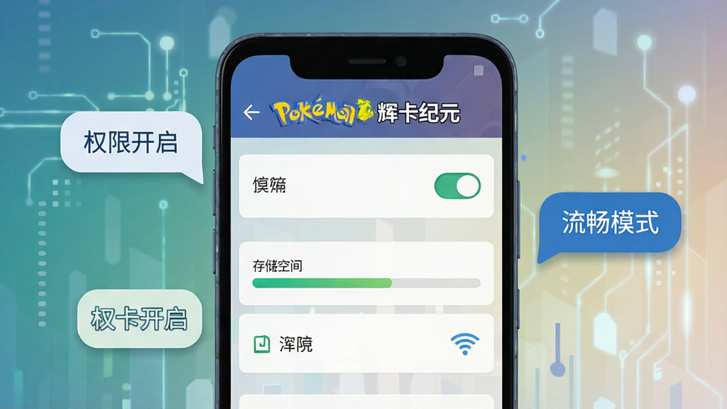 画面主体为一部安卓手机屏幕显示Pokémon 辉卡纪元的设置界面,旁边漂浮着“流畅模式”“权限开启”等提示气泡;布局为手机居中、气泡环绕式构图;排版上“Pokémon 辉卡纪元”以顶部标题栏形式出现;风格为扁平化科技界面风;细节包括设置开关图标、存储空间进度条、WiFi信号标识;画质高清、干净、无多余元素