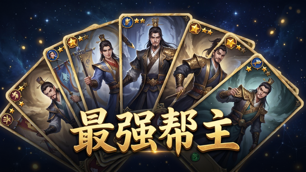 画面主体为多张古风人物卡牌呈扇形展开,卡牌上有不同职业角色立绘与星级标识,卡牌前方放置“最强帮主”烫金标题;背景为深蓝色星空与金色光点;排版采用居中放射状构图,风格为卡牌游戏宣传图,细节华丽;画质高清,画面干净无杂物