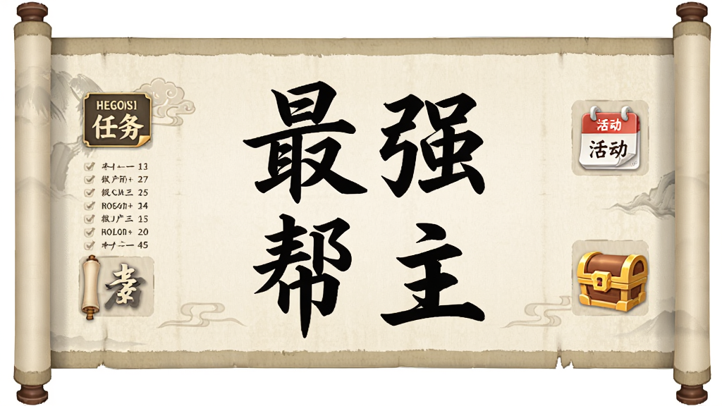 画面为古风卷轴展开样式,卷轴上书写“最强帮主”四个大字,卷轴两侧分布任务列表图标、活动日历图标与奖励宝箱图标;背景为浅米色宣纸纹理;风格为古风UI界面展示图,排版整洁;画质清晰,画面干净