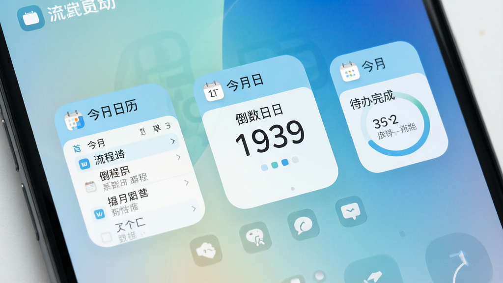 手机主屏幕特写,桌面上摆放着“流光日历”的三种尺寸小组件,分别显示今日日程列表、倒数日数字与待办完成进度,小组件配色为浅蓝与白色搭配,图标排列整齐,背景为简洁的渐变壁纸,风格清爽,画质细腻,无多余元素