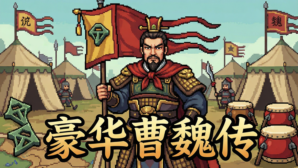 一张以三国战棋为主题的游戏宣传图,画面中央是手持令旗的曹操形象,背景为古代战场营帐与旌旗,画面下方用醒目字体写着“豪华曹魏传”,整体风格为复古像素与国风插画结合,布局上人物居中、标题居下,细节包含兵符、地图、战鼓等元素,画质清晰干净,无多余元素
