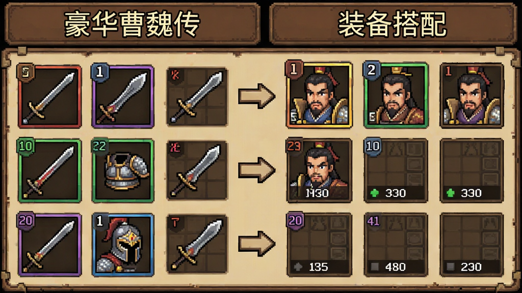 一张以装备搭配为主题的游戏界面图,画面中左侧为武器防具图标列表,右侧为武将穿戴栏位,中间用箭头示意搭配关系,画面顶部标注“豪华曹魏传”与“装备搭配”,整体风格为复古像素背包界面,布局为左右分栏,细节包含品质颜色边框、属性数值,画质清晰干净,无多余元素