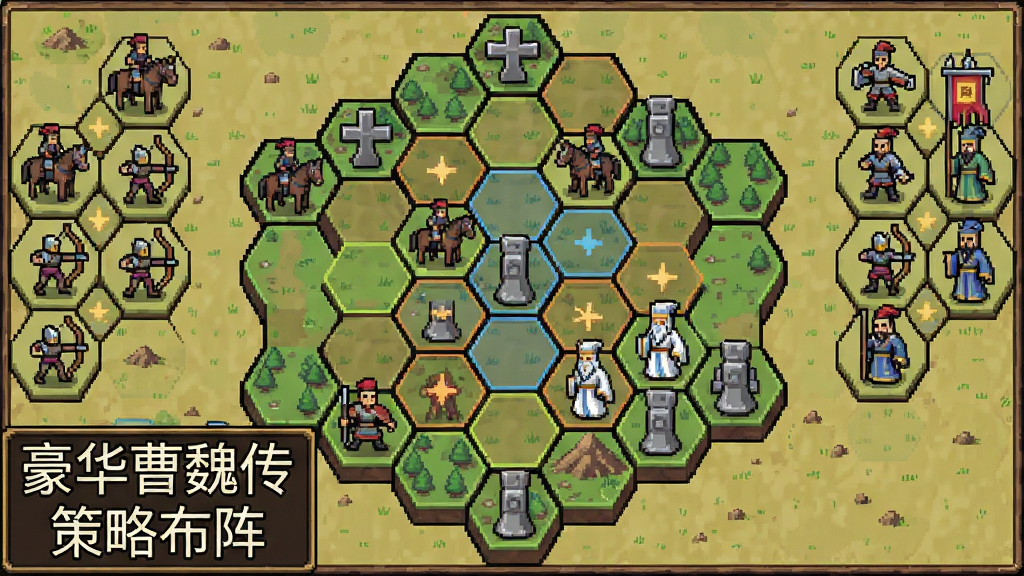 一张以六边形战棋棋盘为背景的游戏画面,棋盘上分布着骑兵、弓兵、谋士等不同兵种棋子,画面一角用文字标注“豪华曹魏传”与“策略布阵”,整体风格为复古像素战棋界面,布局为棋盘居中、兵种分列两侧,细节包含地形格、攻击范围指示线,画质清晰干净,无多余元素