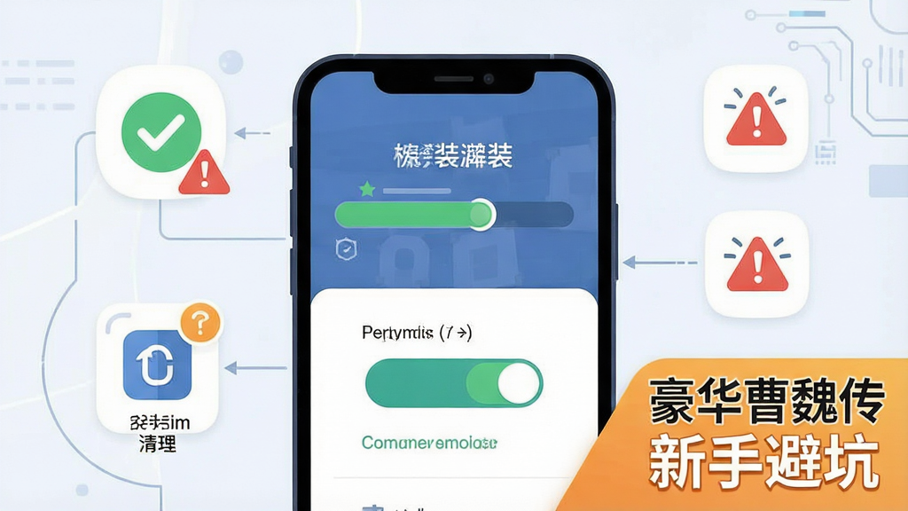 一张以手机游戏安装与运行优化为主题的示意图,画面中展示手机屏幕上的安装进度条、权限开关与存储空间清理图标,画面一角写有“豪华曹魏传”与“新手避坑”,整体风格为扁平化科技插画,布局为手机居中、图标环绕,细节包含勾选标记、警告标识,画质清晰干净,无多余元素
