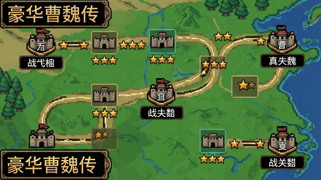 一张以三国战役关卡选择为主题的游戏地图界面图,画面中展示蜿蜒的行军路线与多个关卡节点,节点旁标注战役名称,画面一角写有“豪华曹魏传”,整体风格为复古像素战略地图,布局为路线贯穿画面,细节包含城池图标、关卡星级标记,画质清晰干净,无多余元素