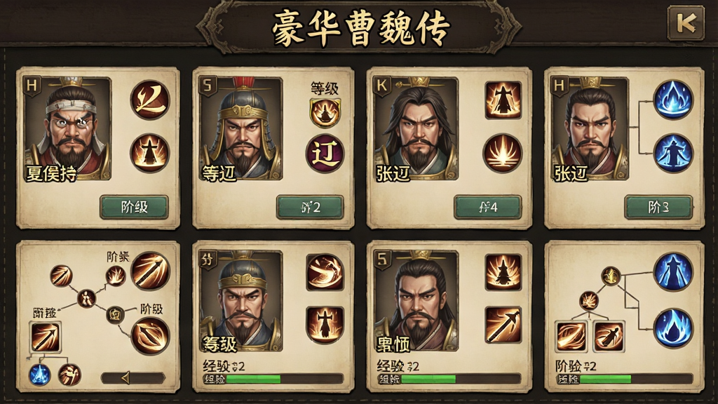 一张展示曹魏武将养成界面的游戏截图风格图,画面中排列着夏侯、张辽、郭嘉等武将头像卡片,卡片旁有等级、技能图标与进阶按钮,画面顶部写有“豪华曹魏传”字样,整体风格为复古像素养成界面,布局为卡片网格排列,细节包含技能树连线、经验条,画质清晰干净,无多余元素
