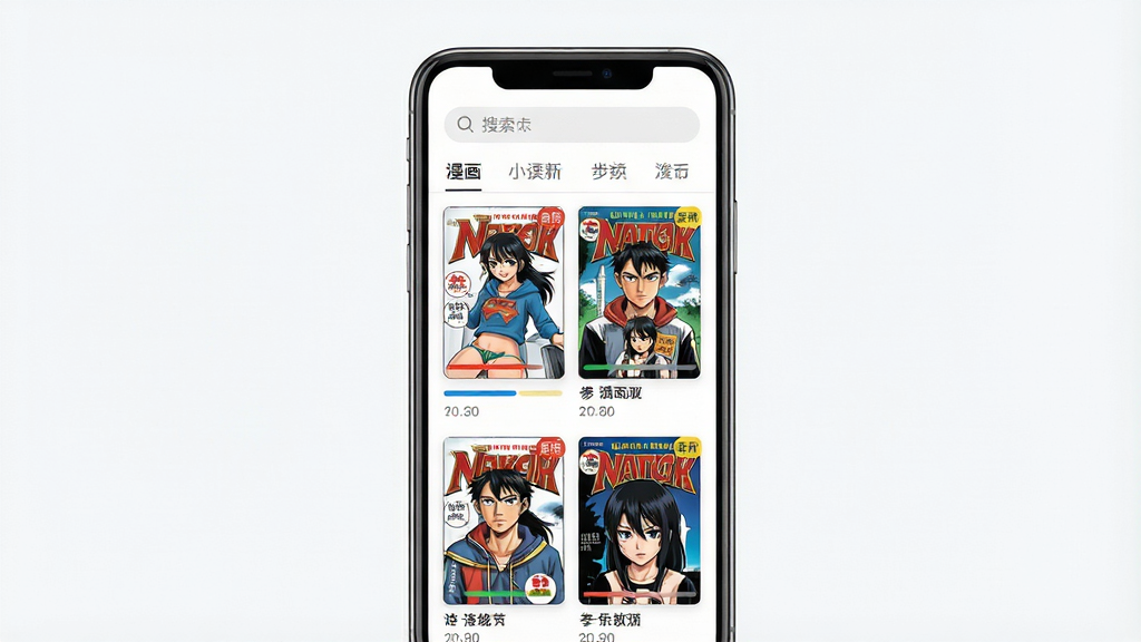 一张展示手机漫画阅读应用界面的场景图,画面中央是一部竖屏智能手机,屏幕上显示漫画书架页面,包含多本漫画封面整齐排列,顶部有搜索栏和分类标签,整体布局简洁清爽,风格为扁平化现代UI设计,细节包括书籍封面缩略图、进度条和更新提示角标,画质清晰,背景干净,无多余元素