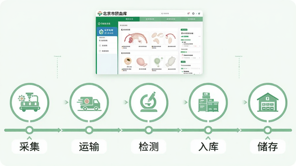 画面以时间轴信息图为主体布局,横向排列五个节点图标分别代表采集、运输、检测、入库、储存,每个节点下方配简短中文标签,时间轴上方悬浮“北京市脐血库”应用界面缩略图,整体采用浅绿色与白色搭配的扁平化信息图风格,线条简洁,画质清晰,干净无多余元素