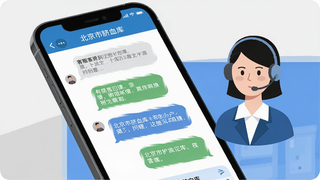 画面展示手机屏幕内“北京市脐血库”客服对话界面,聊天气泡中包含常见问题与回复内容,手机右侧漂浮一个戴耳麦的客服人员半身插画形象,背景为浅灰色与蓝色块面组合的简洁风格,整体排版清爽,画质干净,无多余元素