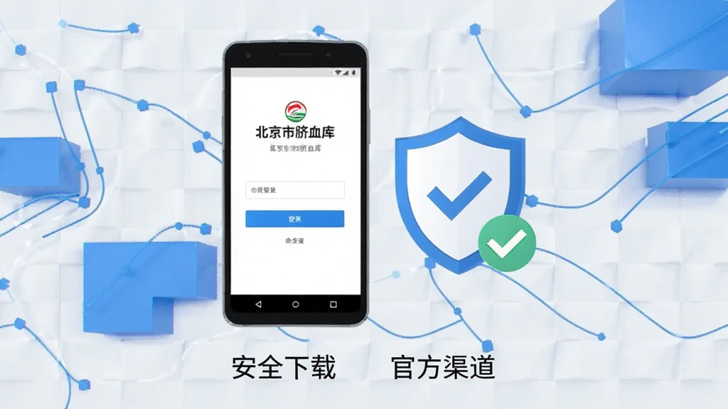 画面主体为一部安卓手机屏幕显示“北京市脐血库”登录界面,旁边放置一个盾牌图标与勾选标记,背景为浅灰色网格纹理与蓝色几何块面组合的简洁科技风格,画面下方有简短中文标签“安全下载”“官方渠道”,整体排版清晰,画质干净,无多余元素