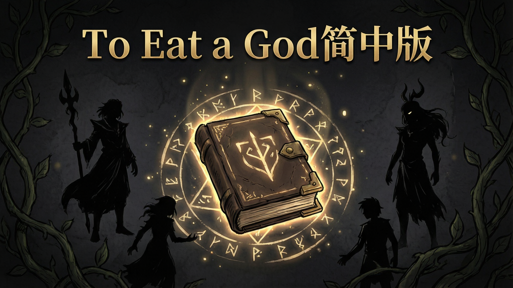 一张以暗色调神话世界为背景的游戏主视觉图,画面中央放置发光的古书与神秘符号,周围环绕手绘风格的角色剪影与藤蔓纹理,顶部居中位置用金色衬线字体书写“To Eat a God简中版”,整体布局采用对称式构图,风格偏向暗黑奇幻手绘插画,细节处加入粒子光效与纸张质感,画质清晰干净,无多余装饰元素