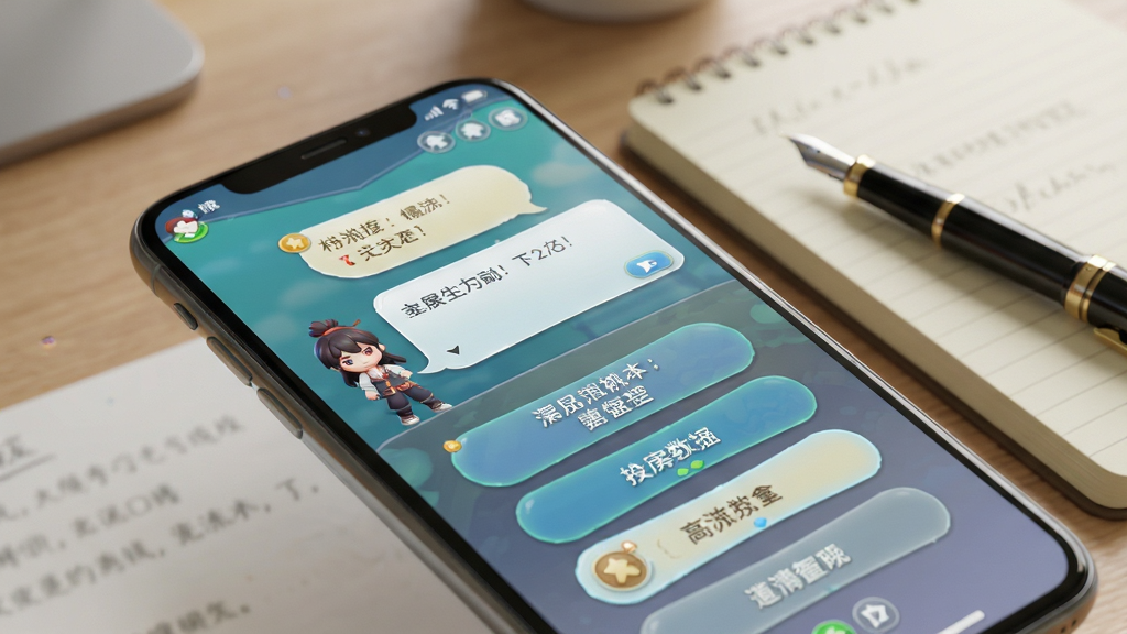 一张展示游戏内简体中文对话界面的场景图,画面主体为手机屏幕特写,屏幕中显示角色对话气泡与中文选项按钮,背景为柔和的书桌环境,旁边点缀笔记本与钢笔,布局采用斜角俯视视角,风格清新写实,细节突出界面文字清晰可读,画质干净明亮,无杂乱元素