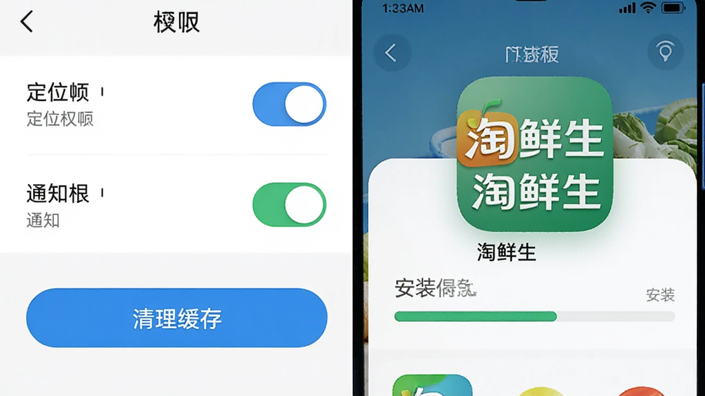 画面主体为手机设置界面与淘鲜生应用图标并列展示,布局为左侧权限设置面板、右侧应用界面,风格为科技说明风,细节包括定位权限开关、通知权限开关、清理缓存按钮、“淘鲜生”图标、安装进度条,画质清晰干净无多余元素